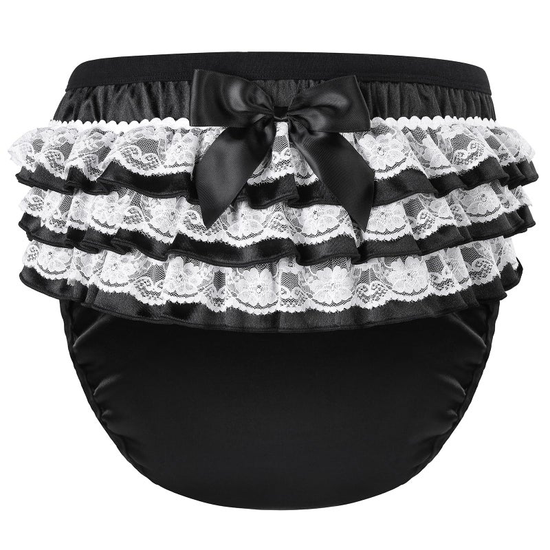 LittleForBig Soft Underwear Comfortable Washable Reusable Ruffled Lace Bow Pretty in Black Satin Adult Training Pants S